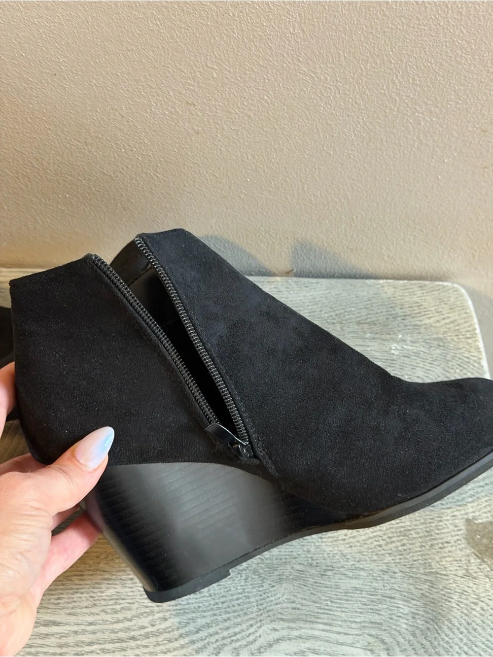 Black Suede Wedge Ankle Bootie - Women's